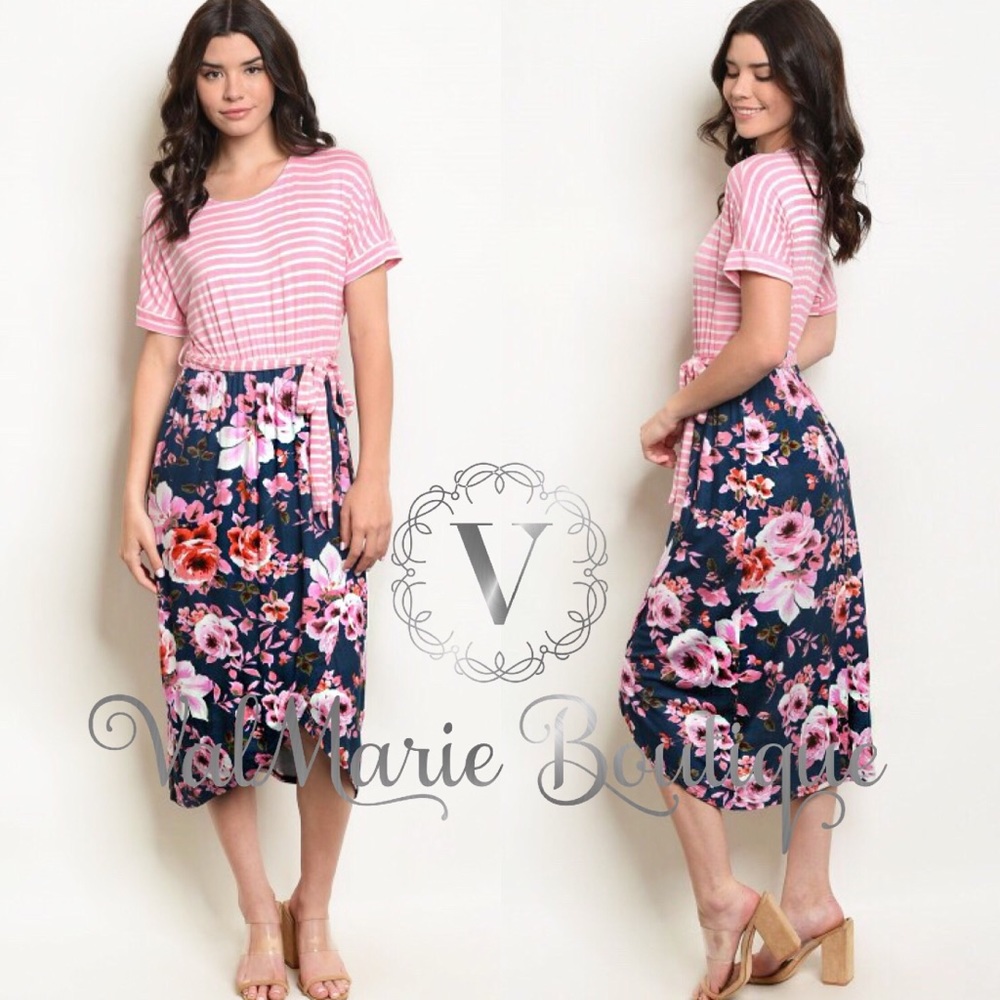 Floral and stripes midi dress - Picture 3 of 3